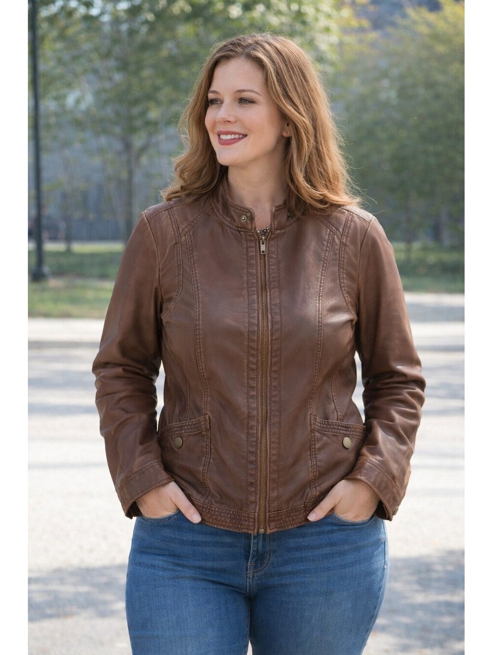 Sonoma Womens Brown Bomber Jacket Vtg Vegan Leather Zip Up Coat 1X Urban Cowgirl